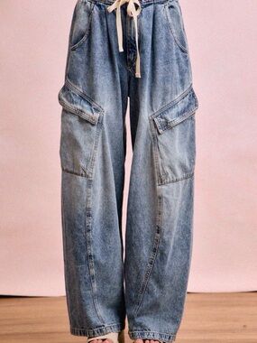 NWT BIBI Light Blue Wide-Leg Denim Cargo Jeans